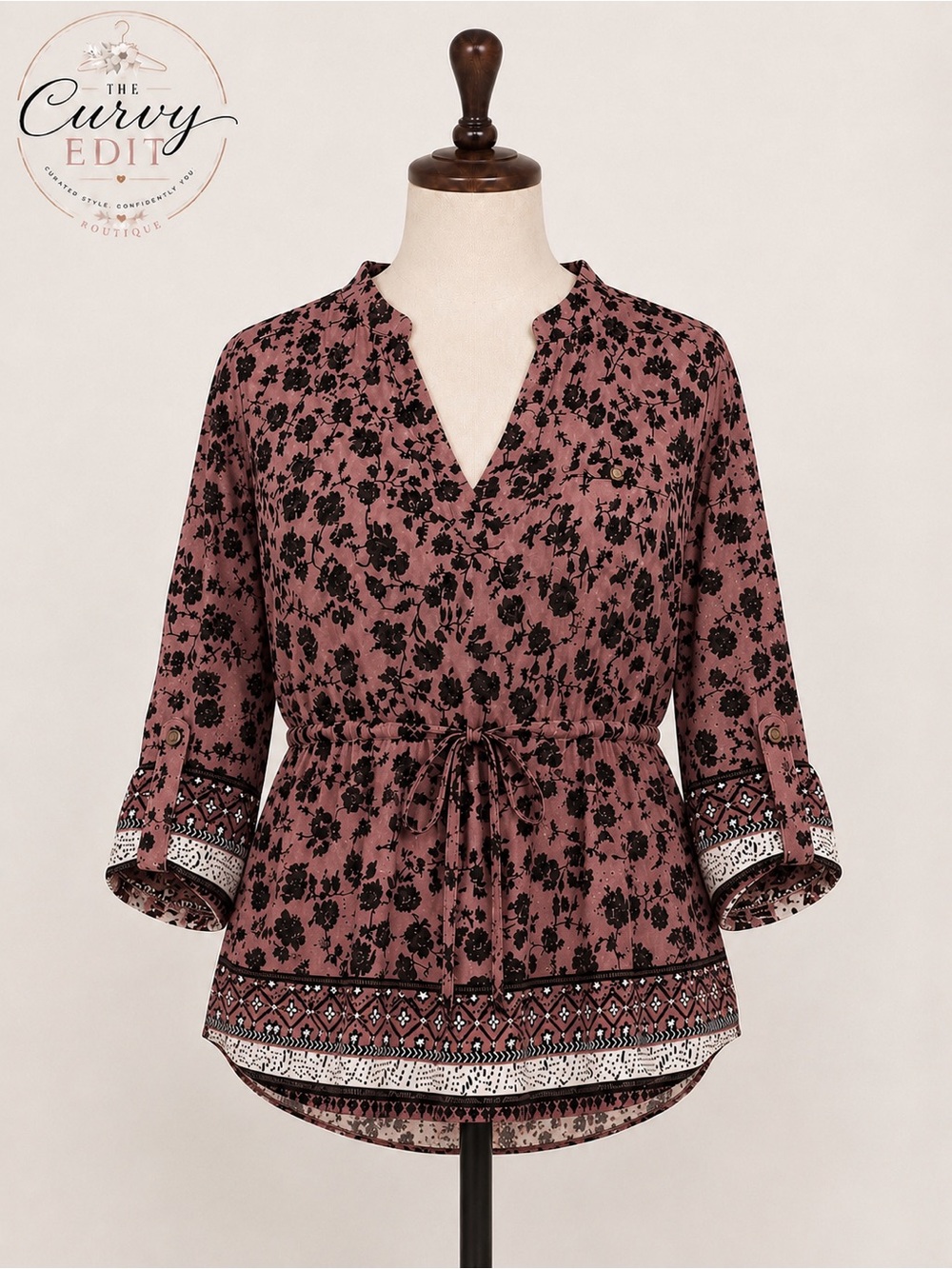 Indulge 2X Mauve Floral Boho Peasant Top Roll Tab Sleeves Boho Casual Western
